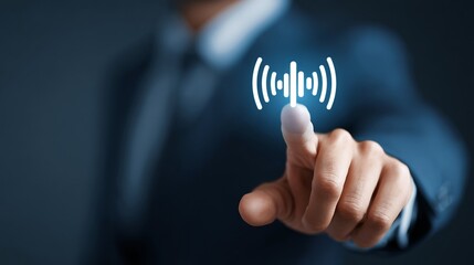 A Businessman Engaging with Technology by Touching an Interactive Interface Featuring Sound Waves Representing Communication