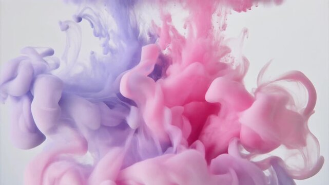 Abstract background of swirling pink and purple ink clouds in water, creating ethereal and dynamic patterns with a soft, dreamy aesthetic