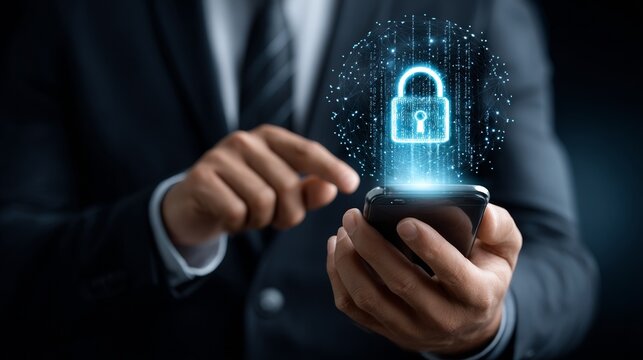 Secure Data Access: A Businessman Using a Smartphone with a Digital Lock Representing Cybersecurity and Privacy Protection