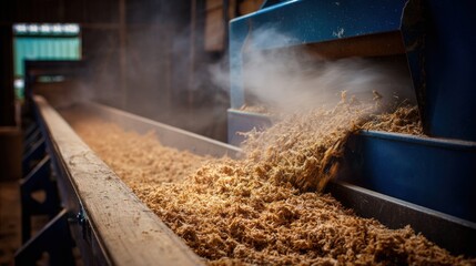Fototapeta premium Closeup of poultry manure conveyor feeding bioenergy system designed to recycle chicken farm waste into sustainable electricity onsite.