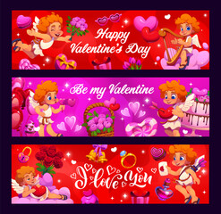 Naklejka premium Valentines day holiday banners featuring cute cherubs, hearts, roses, gifts, swans, letters, rings and romantic elements. Vector horizontal cards display elegant typography and festive playful decor