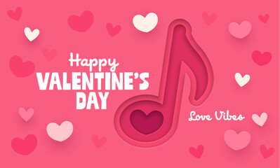 Naklejka premium Paper cut music notes and hearts on Valentine day banner for love holiday, vector greeting card. Happy Valentine day and Love Vibes quote with paper cut hearts in red music notes on pink background