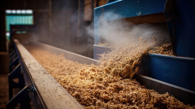Closeup of poultry manure conveyor feeding bioenergy system designed to recycle chicken farm waste into sustainable electricity onsite. - Powered by Adobe