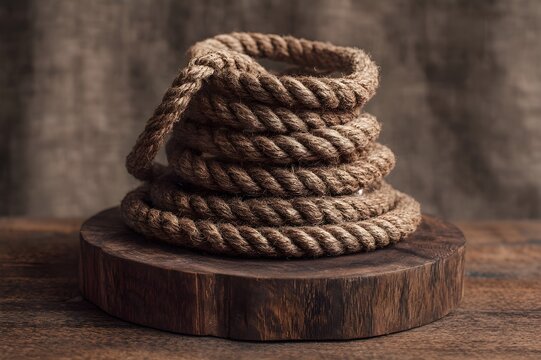 Climbing rope coiled artistically on rustic wooden display durable outdoor gear