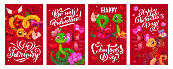 Naklejka premium Valentine Day holiday greeting cards and posters with funny snakes and love hearts, cartoon vector. Happy Valentine day and I Love You quotes with snake couples, heart balloons, gifts and flowers
