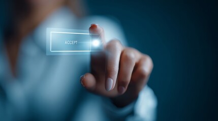 A Close-Up View of a Hand Interacting with a Transparent Digital Interface Button Labeled 'Accept' in a Modern Technological Environment