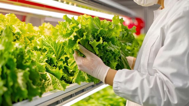 Hydroponic lettuce farm worker white coat, indoor vertical agriculture harvest with controlled environment and light, fresh green leaf vegetable crop