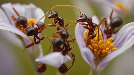 Close-up of Ants Interacting on a Flower with Detailed Macro Photography.