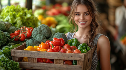 Farmer holding wooden box full fresh vegetables. Basket vegetable, woman holding big box different fresh farm vegetables. Agriculture harvest .