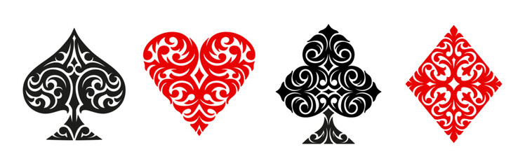 Casino poker card suit ornaments or gamble game card decks of clubs, hearts and diamonds or spades, vector icons. Casino poker card suits with ornate ornament for jackpot and gambling game design