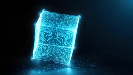 A captivating view of an illuminating blue futuristic cube, with intricate designs, against a dark backdrop. The cube glows with an ethereal light - Powered by Adobe