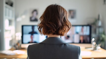 Professional Woman Engaging in Virtual Meeting with Colleagues on Computer Screen in Modern Workspace Setting