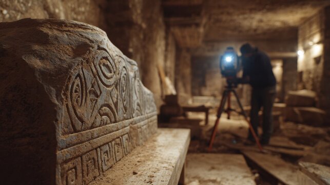 Medium shot of 3D laser scanning capturing intricate details of an ancient artifacts surface in an archeological site.