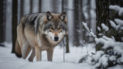 Obraz premium Focused wolf in snowy forest, piercing gaze, winter landscape, wildlife portrait