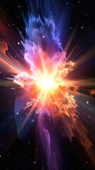 Spectacular digital art of a cosmic explosion, depicting a vibrant nebula forming from a brilliant burst of stellar energy and colorful light in deep space