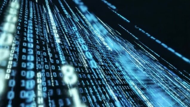 Digital Data Stream Abstract Background With Blue Glowing Binary Code Falling On Black Background