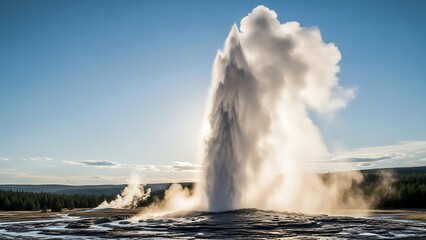 Spectacular Geyser Eruption in Yellowstone National Park under a Blue Sky.