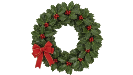 Christmas Holly Wreath with Red Berries and Festive Bow on Transparent Background PNG File