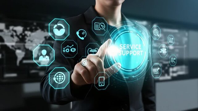 Person's hand pointing at Service & Support button with digital icons in the background.