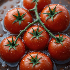 Fresh red tomatoes on the vine with water droplets close up healthy eating