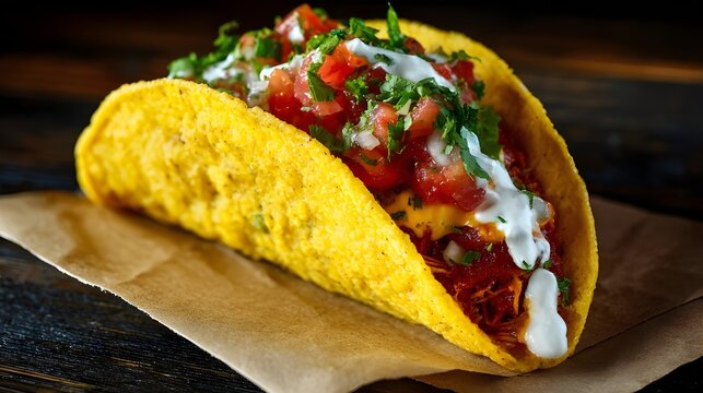 Taco with roasted peppers and crema inside, wrapped in yellow tortilla for a delicious meal