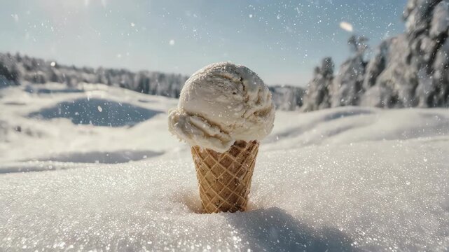Ice Cream Cone in Snowy Winter Landscape: A Sweet Paradox of Cold and Delicious