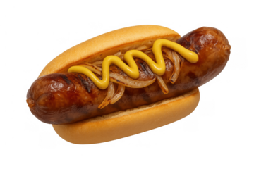 Grilled bratwurst sausage in a bun with mustard and caramelized onions, delicious street food, transparent background