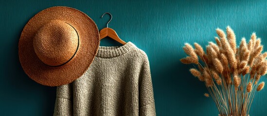 Cozy autumn aesthetic featuring a hat, sweater, and decorative dried flower arrangement