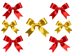 Seven shiny red and gold gift bows beautifully arranged on a black