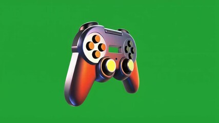 A stylized, futuristic video game controller with a metallic finish, isolated on a solid green screen background. - Powered by Adobe