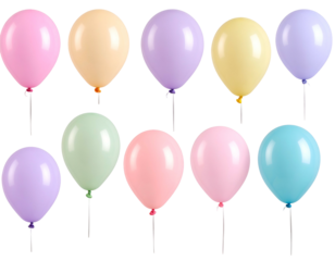 Ten colorful pastel party balloons arranged in two rows on black