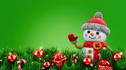 Christmas background frame decorated with Christmas tree and red balls Snowman welcoming 3D