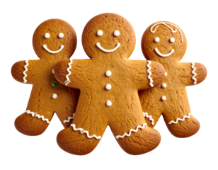 Three happy gingerbread cookies with white icing smiles and eyes