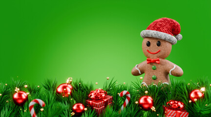 Christmas background frame decorated with Christmas tree and red balls Gingerbread man 3D