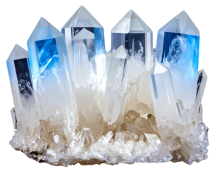 Transparent crystal cluster with sharp points, some showing blue light