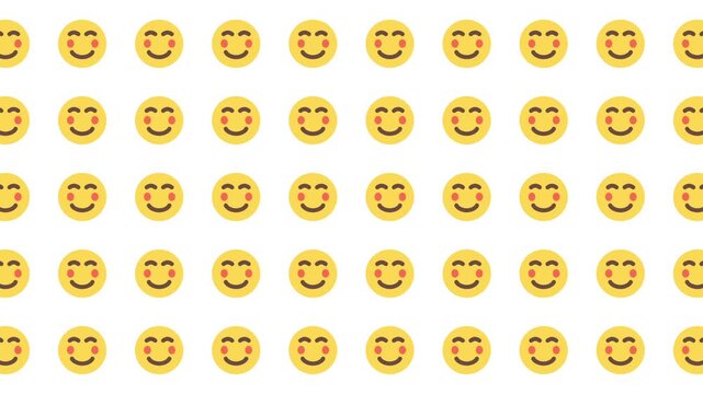 Repeating pattern of many yellow smiling emoji faces. Suitable for social media, greeting cards, kids products, and fun designs.