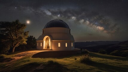 Obraz premium Illuminated Observatory Under a Starry Night Sky with Milky Way
