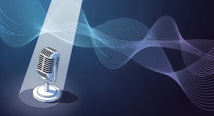 Isometric vintage microphone under spotlight with abstract blue and purple sound waves background illustration