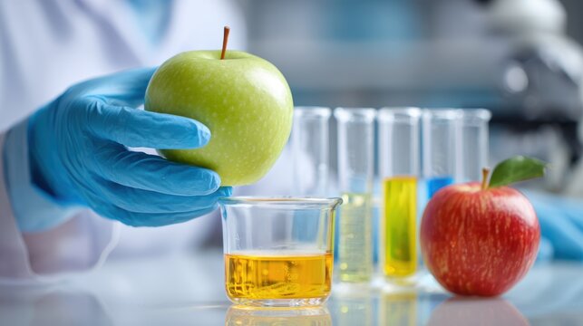 Scientist check chemical food residues in laboratory. Control experts inspect quality of fruits, vegetables. lab, hazards, ROHs, find prohibited substances, contaminate, Microscope, generate by AI