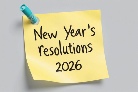 New year's resolutions 2026 on the sticky note isolated gray background. New year concept with typographic 2026. Motivational words for the new year 2026. - Powered by Adobe