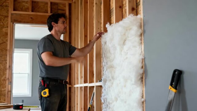 Craftsman fitting fiberglass insulation between wall studs in a residential building showcasing thermal and acoustic benefits in home sound dampening.