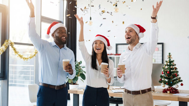 Corporate Christmas Party: Diverse Coworkers Celebrating in Office with Confetti