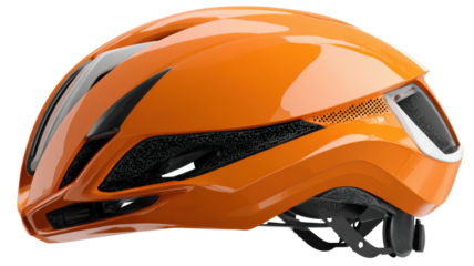 Orange bicycle helmet, side view, providing essential protection for cyclists during road and mountain biking sports