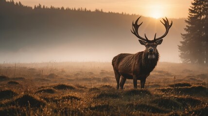 Fototapeta premium Majestic Deer in Misty Sunrise Meadow