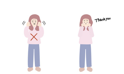 自己評価が低くて謙遜する女性と、素直に受け取って感謝する女性の対比イラスト