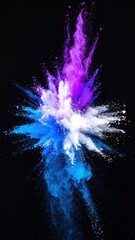 Explosion of vibrant purple, blue, and white powder against a dark background, creating a dynamic and abstract visual effect