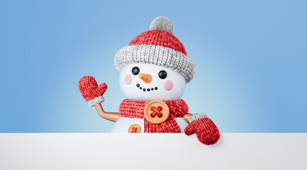 Snowman holding white copy space web banner, waving hand looking at camera 3D