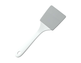 White handled grey head spatula, kitchen utensil on black background