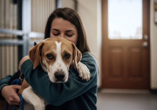 Woman affectionately hugging a Beagle puppy in a shelter, creating a deep and comforting bond after adoption, highlighting the dog's expressive eyes - Powered by Adobe