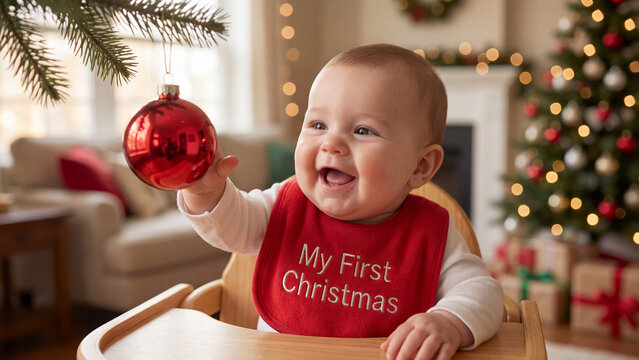 Baby's First Christmas: Cute Infant Wearing Red Bib Laughing at Holiday Bauble